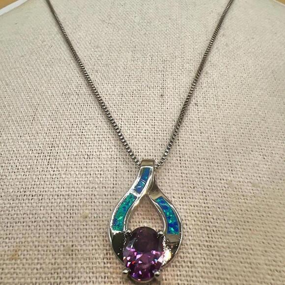 Elegant Purple Amethyst Stone & Blue Opal Pendant Necklace - Picture 3 of 9